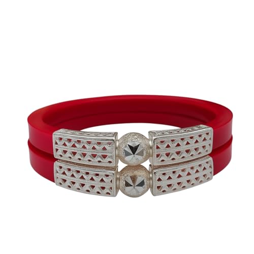Image of Traditional Maroon Bangles with Antique Silver Work - Set of 2