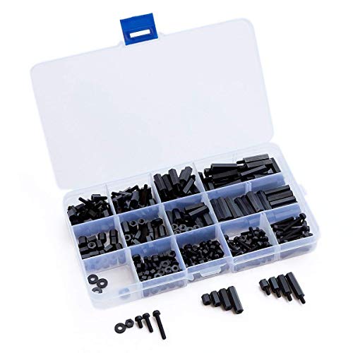 Image of REES52 320PCS M3 Male Female Nylon Hex Spacer Standoff Screw Nut Assorted Assortment Kit (Black)