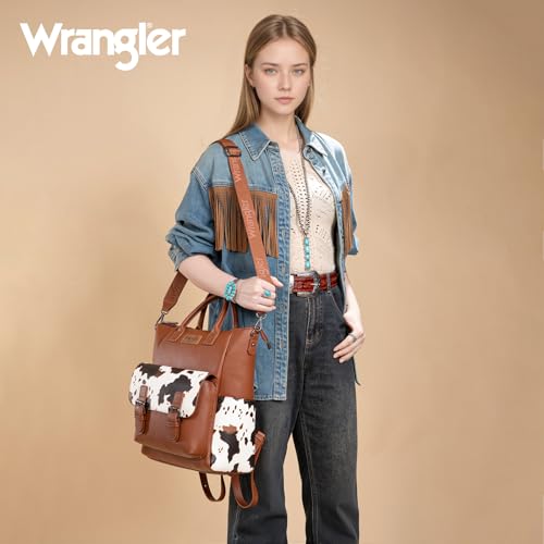Image of Montana West Wrangler Womens Convertible Backpack Purse Cow Printed Backpack with Adjustable Crossbody Shoulder Strap for Work Travel WG175-9110COW-BR