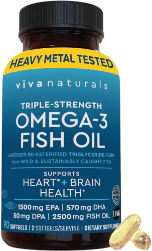 Viva Naturals Omega 3 Fish Oil Supplement for Women and Men - 2500 mg Triple Strength Fish Oil per Serving with Omega 3 Fatty Acids Including EPA, DHA DPA - 90 Pescatarian-Friendly Softgels - image 1