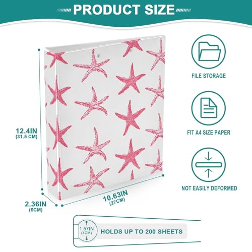 Image of Pink Starfish Nautical Coastal Ocean C 3 Ring Binder with 2 Interior Pockets 1.5 inch Binders 3 Ring Heavy Duty Fit 8.5 inch x 11 inch Letter Size for Office School, 2 Pack