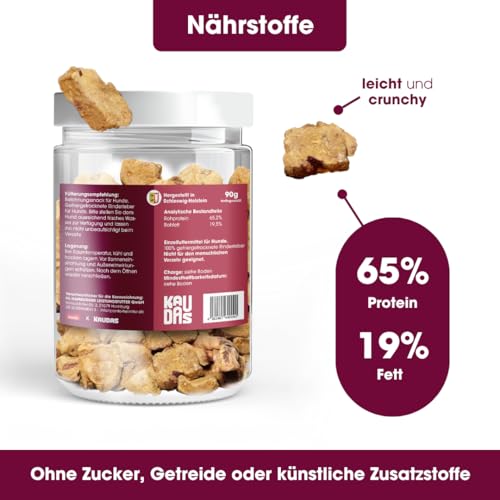 KAUDAS RinderleberPur Natursnack – 2 x 90 g gefriergetrocknetes Rinderleber Leckerli Hund mit hohem Proteingehalt, 100% natürlicher Hundesnack 450g Rohgewicht – ohne Zucker, Getreide & Zusatzstoffe