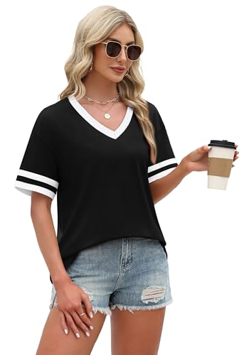 Image of WIHOLL Womens T Shirts Loose Fit Short Sleeve Tees V Neck Color Block Summer Tops 2026 Fashion S-4XL