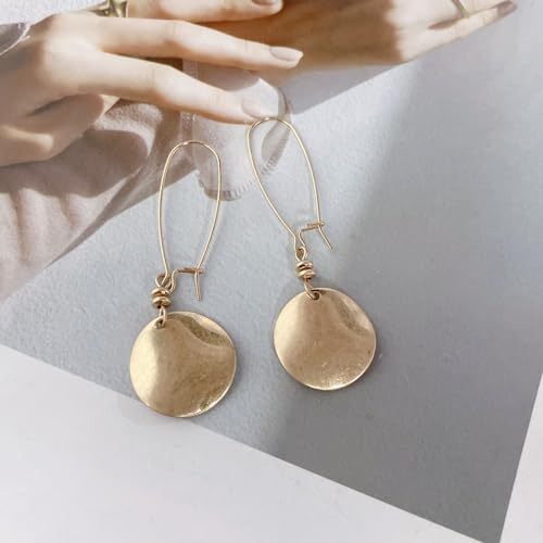 Vintage Disc Coin Statement Long Dangle Drop Big Hoop Earrings for Women Minimalist Geometric Brushed 18k Gold Plated Lightweight Hypoallergenic Dangling Hanging Trendy Fashion Jewelry Gift4