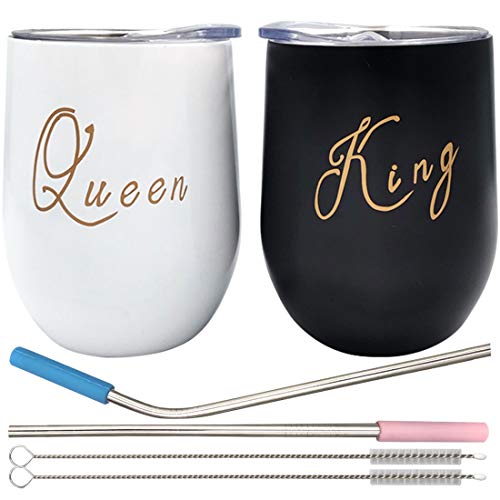 2 Pack 12oz Insulated Wine Tumbler with Lid Straw, Stemless Wine Glasses, Unbreakable