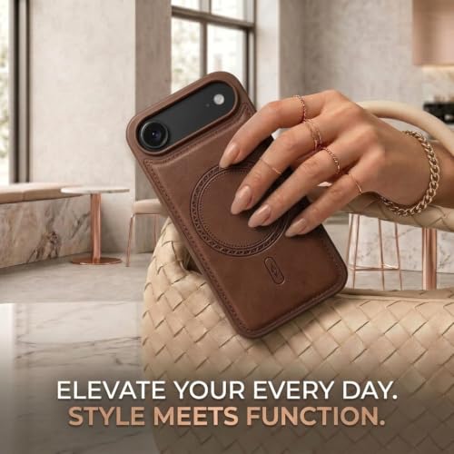 Image of amazon basics Premium PU Leather Case for iPhone 17 Air, MagSafe Compatible Magnetic Ring, Sleek Protective Back Cover - [Brown]