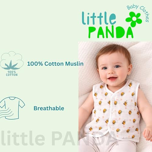 Image of little PANDA Muslin Cotton Baby Jabla | Soft Breathable Newborn Jhabla for Baby 0-3 & 3-6 Months | Organic Cotton Sleeveless Front Open Vest for Boys & Girls