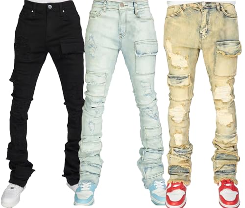 Men's Stacked Jeans Mid Rise Slim Fit Stretch Ripped Cargo Jeans Teen Boys Hip Hop Straight Leg Denim Pants Streetwear4