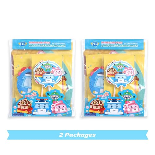 Robocar Poli Birthday Party Supplies [2-Pack] – Happy Birthday Banner, Garland, Cake & Cupcake Toppers, Cone Hats Set for Kids | Party Decorations for Boys & Girls