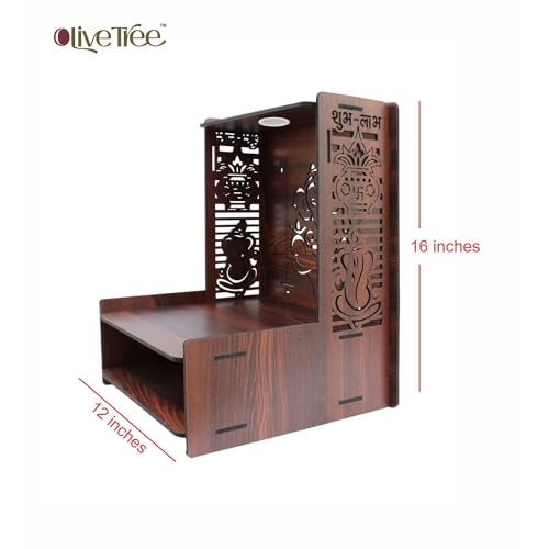 Image of Olive Tree Ethnic Wooden Pooja Mandir for Home Handcrafted Puja Stand | Wall Mounted with LED Spot Light | Mandapam, Pooja Ghar, Temple Office Decor - Walnut Size 12X12X16 Inch 1004