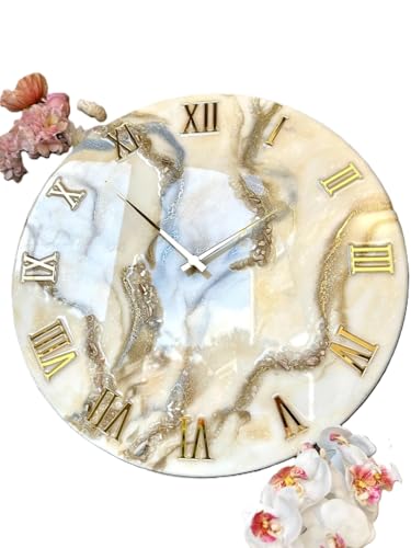 Image of Handmade Resin Wall Clock with Roman Numerals - Luxury Marble Effect Designer Wall Clock with Gold Finish, Silent Quartz Movement, Modern Home & Office Decor (White Golden)