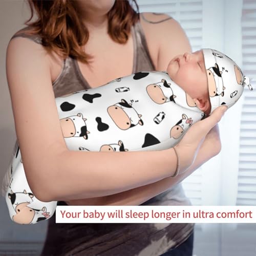 Image of Lcokin Cute Cow Swaddle Blanket Hat Set for Boys Girls, Soft Cow Print Newborn Sleeping Sack Receiving Blanket Shower Gift