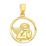 10Kソリッドゴールドガーディアンエンジェルラウンドフレームペンダントネックレス 上品なダイヤモンドカット仕上げ 宗教ジュエリー イエロー