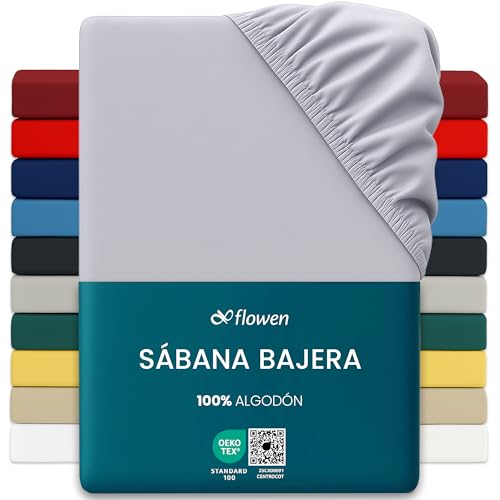 Flowen Sábana Bajera Ajustable Jersey 120x190cm 100% Algodón 150g/m² | Bajera Elástica Goma Perimetral Bolsillo Profundo 30cm | Oeko-Tex Certificada Suave Transpirable Antiarrugas (Gris Claro)