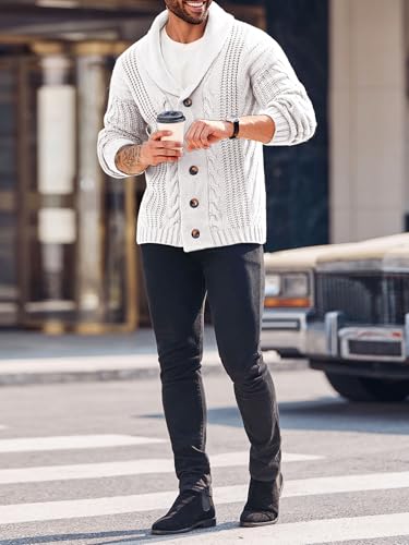 Image of Karlywindow Mens Cable Knit Cardigan Sweater Shawl Collar Loose Fit Long Sleeve Casual Cardigans