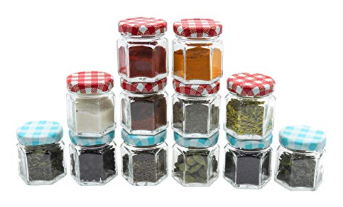 Image of Cute Hexagonal 50 ml Airtight Glass Jar Containers for Honey, Spices & Other Kitchen Items with Rust Proof Redcheck & Tarquiose Color Caps -Set of 12