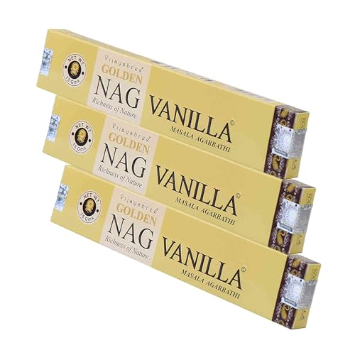 NKlaus 3 varillas de incienso Golden Nag vainilla, 45 g, incienso enrollado a mano con aroma natural de vainilla, 3 unidades de calidad Masala para la calma, la atención plena y la relajación