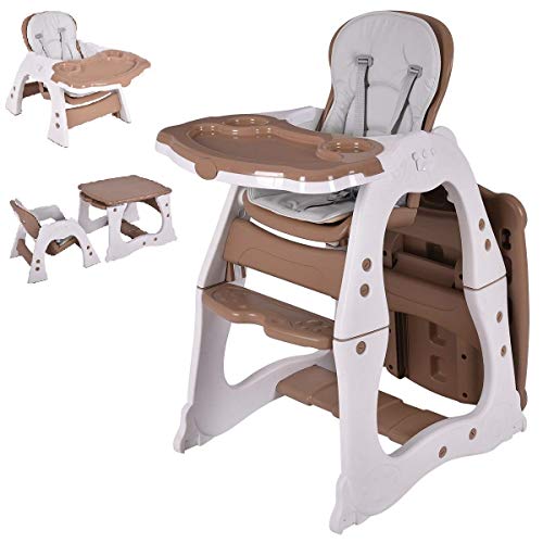 Image of Costzon Baby High Chair, 3 in 1 Infant Table and Chair Set, Convertible Booster Seat with 3-Position Adjustable Feeding Tray, Adjustable Seat Back, 5-Point Harness (Brown)