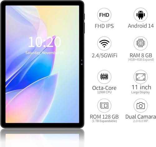 Image of 11 Inch Tablet Android 14 Tablet,128GB Pad with Protective Case, Octa Core Processor, WiFi 6, 11'' IPS HD Display, 8000mAh Battery, 2+8MP Dual Camera
