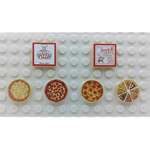 Set of 6 Custom Stickers Food Restaurant City Building Bricks Pizza Pie Toys Custom MOC Town Box Tiles 2x2x2 & Round 2x2 Great Gift idea for Kids Ages 4+ Plastic Cover