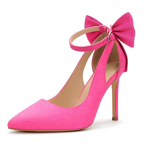 Carcuume Women's High Heels Strappy Pointed Toe Bow Pumps Ankle Strap Stiletto Party Shoes