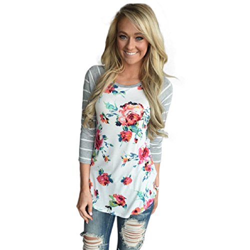 OVERDOSE Damen Lässige Blumen Splice-Streifen Druck Rundhalsausschnitt Pullover Bluse Tops T-Shirt (L, Weiß)