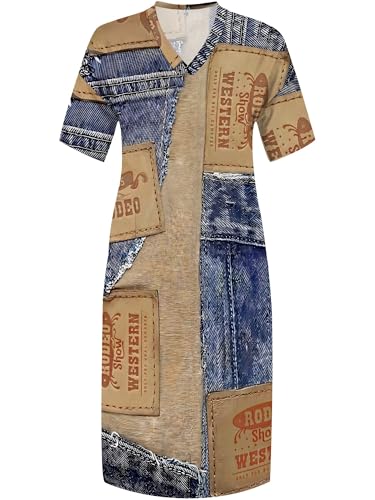 Image of SUZONANA Plus Size Denim Print Maxi Dresses for Curvy Women Casual Blue Jean Dress Summer Short Sleeve Tshirt Western Cowgirl Outfits XL