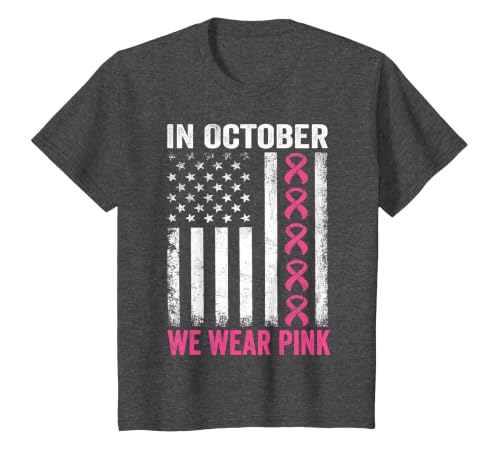 in October we Wear Pink Us Flag Breast Cancer Awareness T-Shirt, Youth, Dark Heather Grey, X-Small