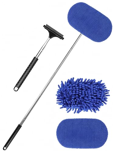 3 in 1 Car Windshield Cleaner Tool 40”Car Rearview Mirror Wiper Squeegee wash Brush Extra Large Washable Microfiber Pad Extendable Handle Auto Window Glass Cleaning Kit Interior Exterior Dusting