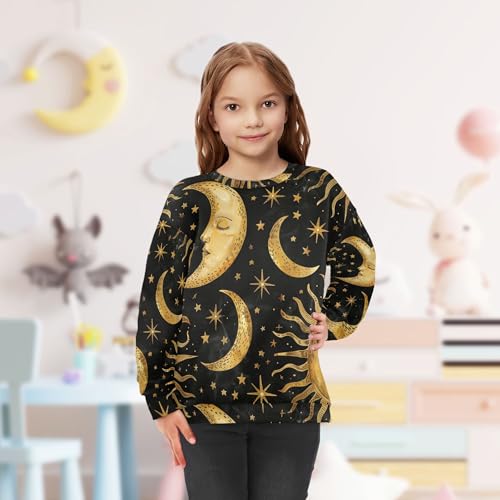 Golden Sun Moon Stars Boho on Black Little Girls Sweatshirts Hoodies Crewneck Boys Sweat Shirt Camping 4T 5