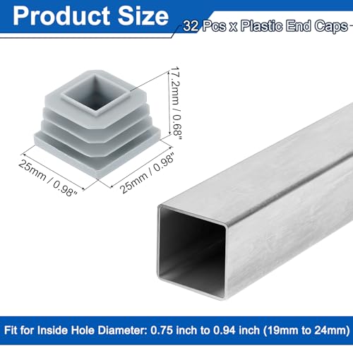 Image of uxcell 1 inch (25mm) Square Tubing End Caps, 32 Pcs Plastic Hole Plugs Insert End Cap for Metal Tubing Post Chair Leg Table Bookshelves Furniture, Grey