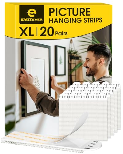Emitever Picture Hanging Strips 20 Pairs (40 Strips, XL) Holds Up to 7.2 kg, Wall Stickers for Picture Hanging, No Nails Damage-Free Frame Poster Hangers for Frames Signs Home Decor White