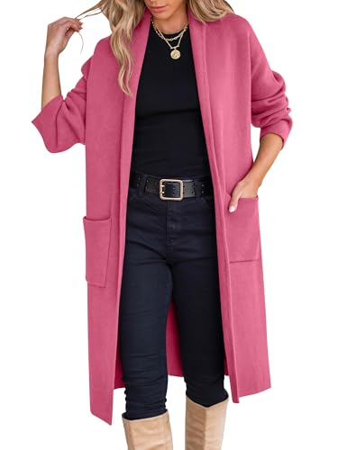 ANRABESS Women's Cardigan Long Sweater Oversized Open Front Knit Duster Coat 2024 Trendy Lady Fall Coatigan Outerwear 934meihong-M Hot Pink