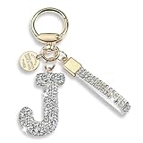 Pink Blue White Initial Letter Keychain Gift for Women Girls Bling Sparkly Cute Backpack Car Key Accessories Lanyard (J-white)