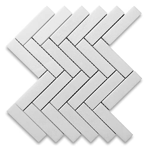 Stone Center Online Thassos White Marble 1x4 Herringbone Mosaic Tile Polished Kitchen Bath Wall Floor Backsplash Shower (1 Sheet)