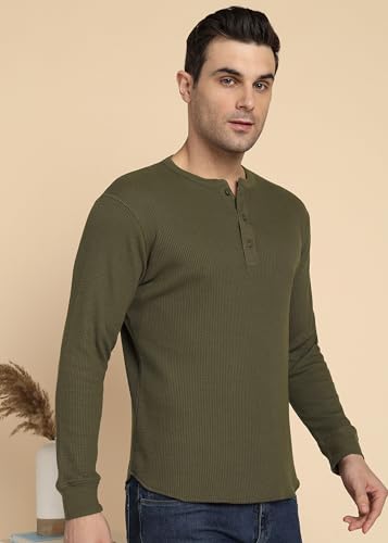 Image of Alan Jones Clothing Men's 100%Cotton Regular Fit Waffle Henley Neck Long Sleeve T-Shirt
