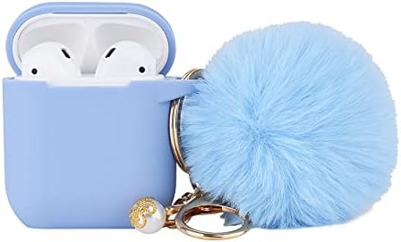 Sky Blue Women Cute Case Designed for AirPods Cover with Pom pom, Silicone Protective Keychain Case Compatible with AirPods 1/2, Accessories Keychain and Pom pom
