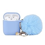 Sky Blue Women Cute Case Designed for AirPods Cover with Pom pom, Silicone Protective Keychain Case