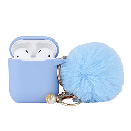 Sky Blue Women Cute Case Designed For Airpods Cover With Pom Pom, Silicone Protective Keychain Case Compatible With Airpods 1/2, Accessories Keychain And Pom Pom #TOP3