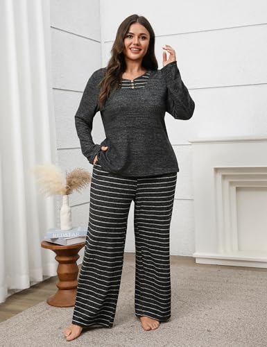 Blooming Jelly Womens Plus Size Pajamas Color Block Pajama Sets Button Down Lounge Sets 2 Piece V Neck Long Sleeve Pj2