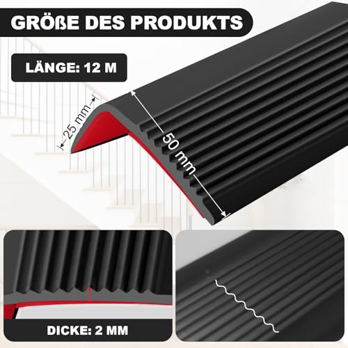 Yawfold Treppenkantenprofil Selbstklebend 50mm×25mm×12m Rutschfeste Treppenkantenprofil PVC Treppenstufen Verkleidung Treppen Kantenschutz für Außen und Innenbereich (Schwarz)