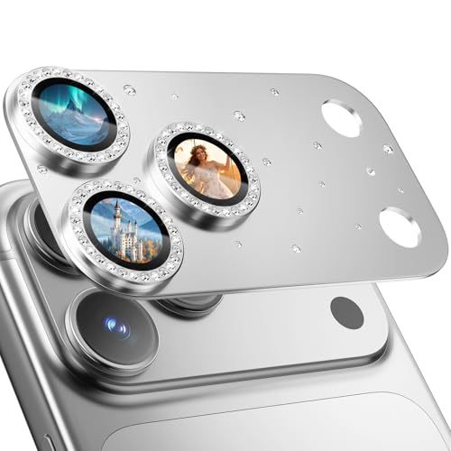 Image of HelloDeere for iPhone 17 Pro Camera Lens Protector [Not Easy to Break] [Ultra Bright] Round Gold Diamond Bling Tempered Glass Metal Frame Camera Cover for iPhone 17 Pro Lens Case Friendly (Silver,1 Pack)