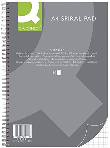 Q-Connect Blocco note a spirale, formato A4, a quadretti, 80 fogli, 160 pagine, blocco note a spirale, blocco note scolastico