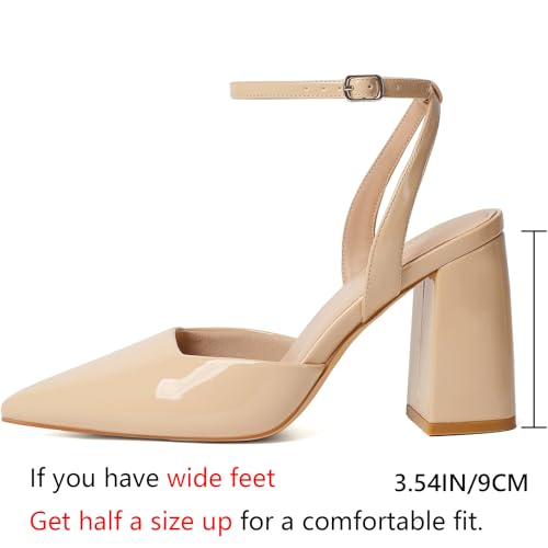 Image of RIBONGZ Block Heels for Women Closed Pointed Toe Heeled Slingback Chunky High Heel Ankle Strap Pumps Patent Leather Comfort Dressy Shoes for Work Party Prom Wedding Bridal Dress