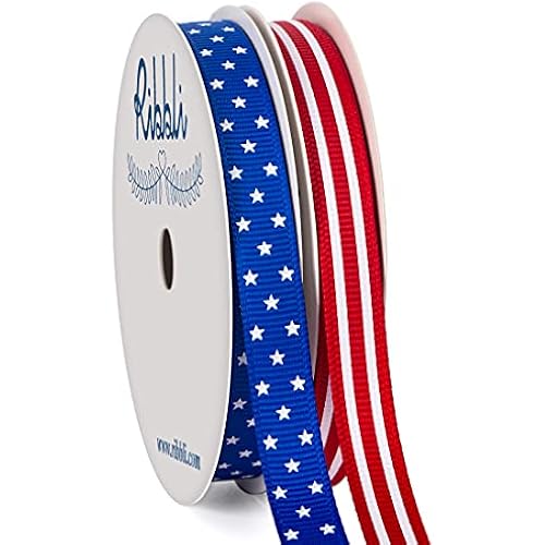 Ribbli 2 Rolls Patriotic Grosgrain Ribbon,3/8 Inches,Total 20 Yards,Red/White/Blue,Stars and Stripes Ribbon,Use for Memorial Day, Veterans Day, 4th of July, President's Day, USA Decorations