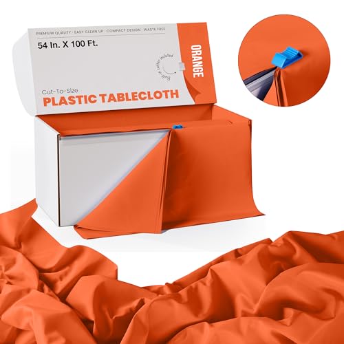 Image of Exquisite Party Solids 54 Inch X 100 Feet Orange Plastic Table Cover Roll in A Cut - to - Size Box with Convenient Slide Cutter. Cuts Up to 12 Rectangle 8 Feet Plastic Disposable Tablecloths
