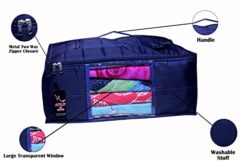 Image of Clothes Storage Bags with Zipper - Pack of 2 | Large Foldable Underbed Storage Bag | Moisture Proof Wardrobe Organiser for Saree Blanket Bedsheet Lehenga | Dustproof Cloth Organiser with Handle Blue