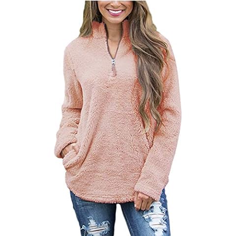 FOURSTEEDS Women's Sherpa Fleece Pullover 1/4 Zipper Sweatshirt Coat Long Sleeve Collar Outwear Deep Pink S Cover