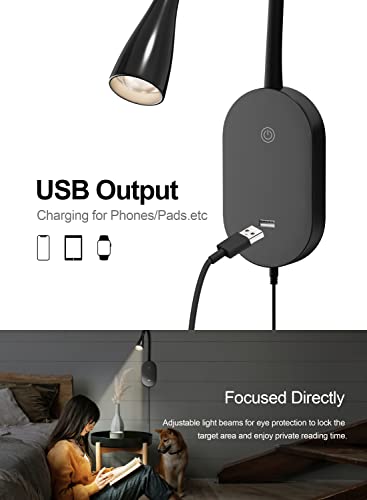 Image of Black Wall Reading Light for Bed, USB Bed Lamp, 5 Brightness Touch Control | Focused bedside lighting with flexible adjustment for comfortable night reading without disturbing others nearby.