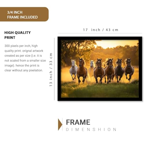 Image of HOTHOUSE Seven Running Vastu Lucky Horse | 7 Horses Vastu Frame Wall Art Painting for Living Room Bedroom Office Home Decor Rising Sun Painting Wall Decor Size (13X17 inch)